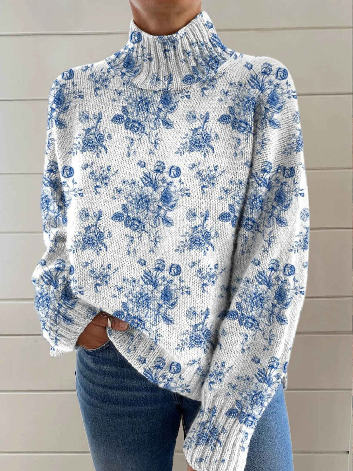 Abigail | Blue Blossom Knitted Turtleneck