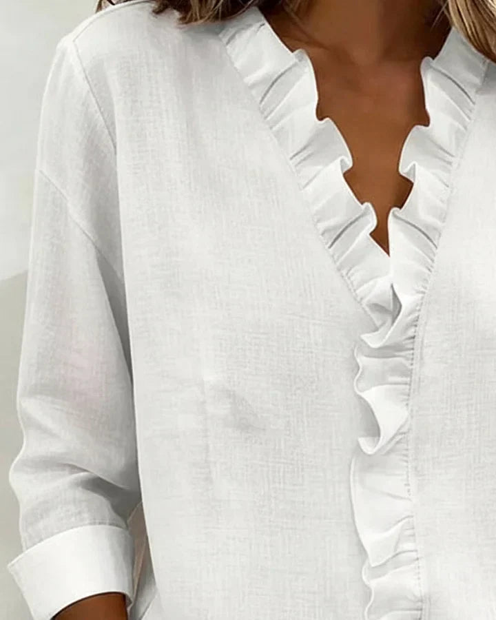 Darevo | Blouse with Ruffles, V-Neck and Long Sleeves