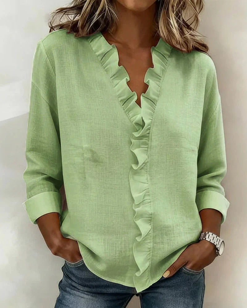 Darevo | Blouse with Ruffles, V-Neck and Long Sleeves