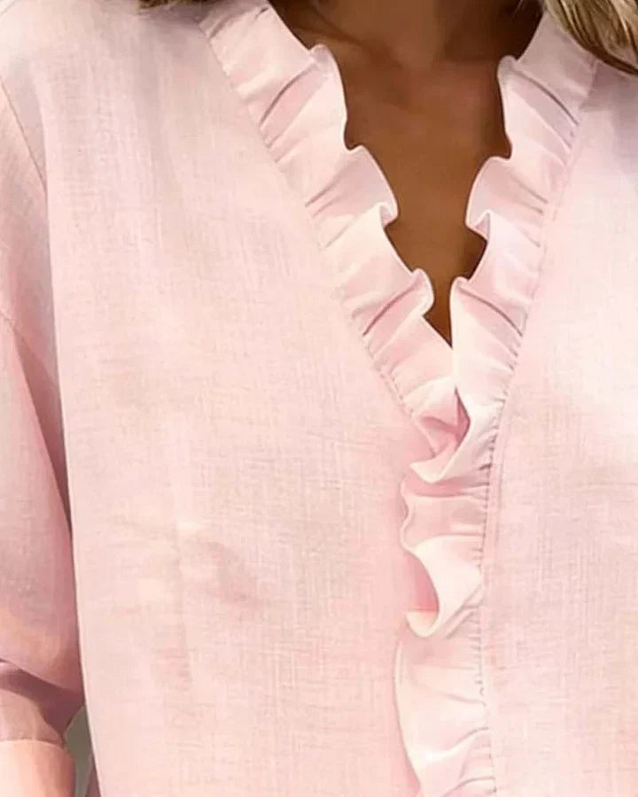 Darevo | Blouse with Ruffles, V-Neck and Long Sleeves