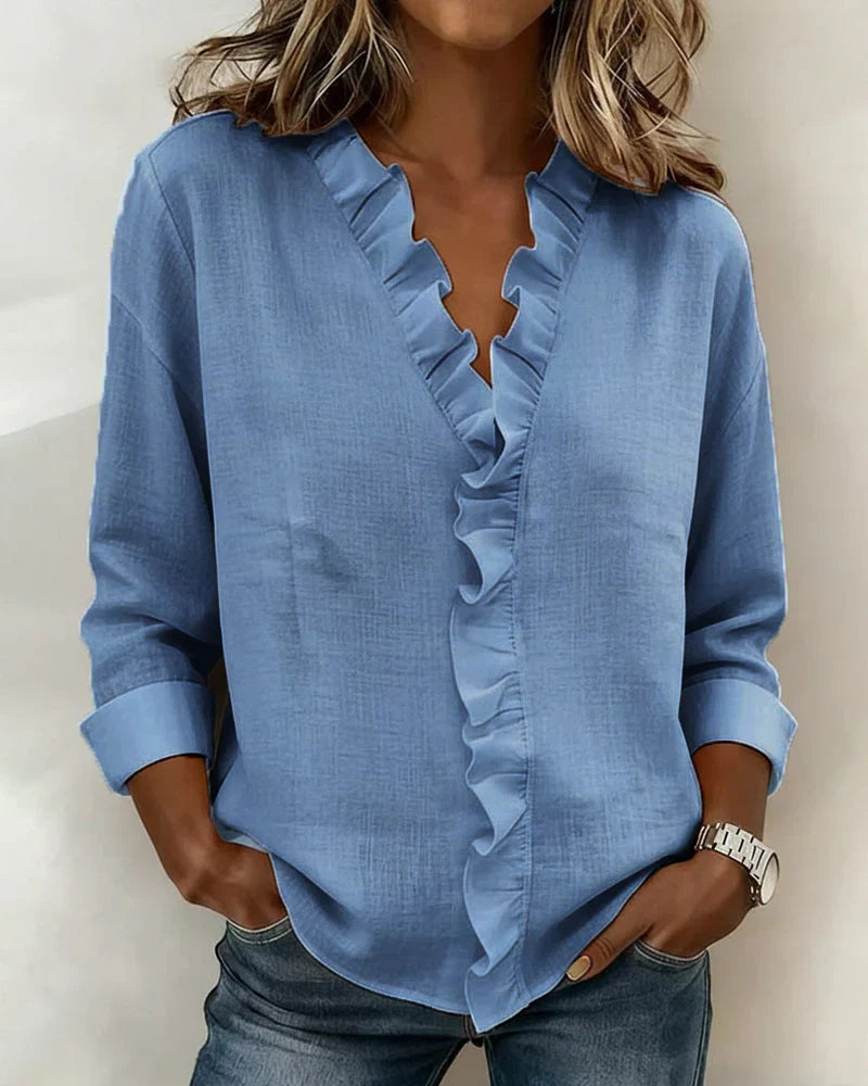 Darevo | Blouse with Ruffles, V-Neck and Long Sleeves