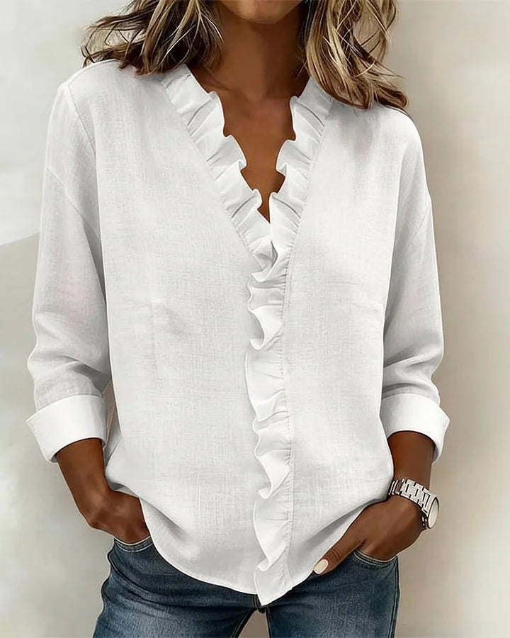 Darevo | Blouse with Ruffles, V-Neck and Long Sleeves