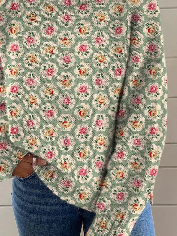 Chloe | Ladies Lovely Floral Art Print Knitted Turtleneck Pullover