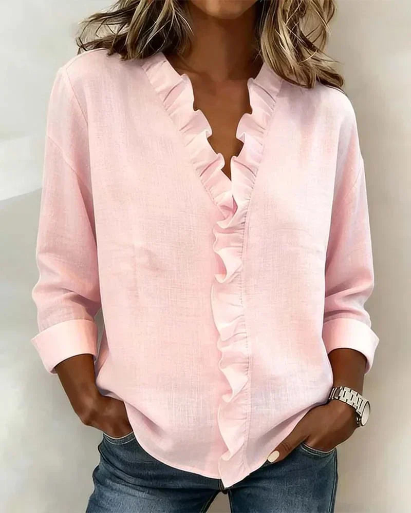 Darevo | Blouse with Ruffles, V-Neck and Long Sleeves