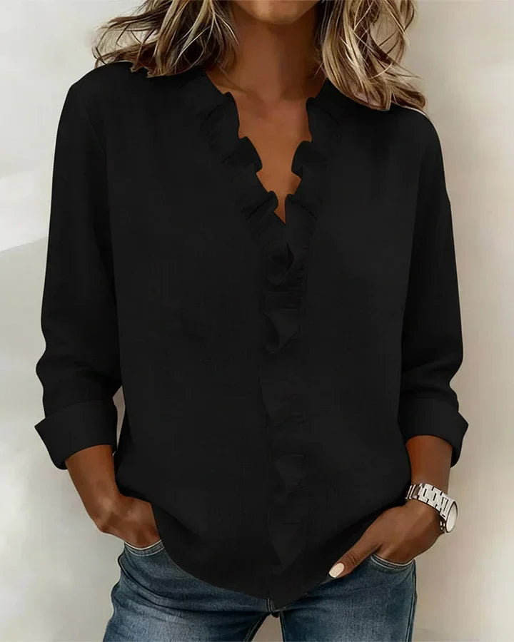 Darevo | Blouse with Ruffles, V-Neck and Long Sleeves