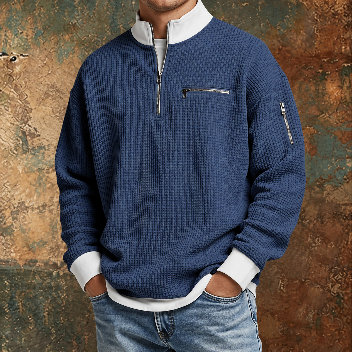 Darevo | Men's Honeycomb Knit Sweater with Half Zip